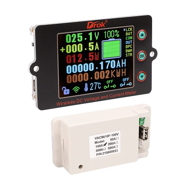 DC 0-500V 300A Wireless Multi Meter DC Coulometer Voltmeter, Battery Monitor with Digital LCD Screen, Volt Amp Temp Power Capacity Electric Work Monitor 