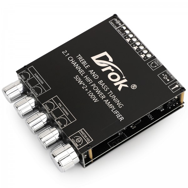 DROK 50W*2+100W Amplifier, Blue-Tooth 2.1 Channels HiFi Power Amplifier Board for 2-8Ω 200W Subwoofer Bass Speakers with 3.5mm Port Capable for USB Sound Card