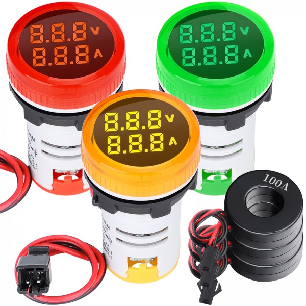 DROK AC Volt Amp Meter, 3pcs AC 60-500V 100A Voltage Current Monitor Digital LED Display Voltmeter 110v 220v Volt Detetor Green Red Yellow Signal Indicator Light Panel