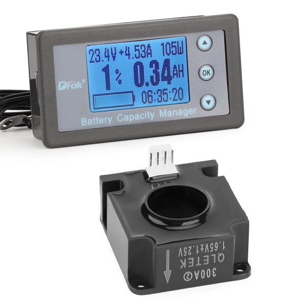 DROK Battery Monitor 12V 48V, Energy Efficient RV Solar Power Meter Current Capacity Multifunctional LCD Display DC Amp Meter Volt Meter 8-120V 300A with 3m Cable, for Marine Car Lithium Battery DROK Battery Monitor 12V 48V, Energy Efficient RV Solar Power Meter Current Capacity Multifunctional LCD Display DC Amp Meter Volt Meter 8-120V 300A with 3m Cable, for Marine Car Lithium Battery