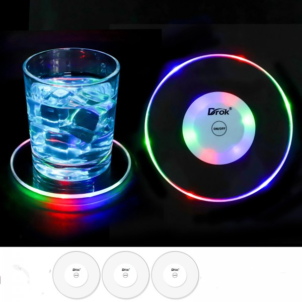 DROK 3PCS LED Light Up Coasters for Liquor Bottles, Flashing Drink Mats for Parties, Bars, Weddings, and Dining DROK 3PCS LED Light Up Coasters for Liquor Bottles, Flashing Drink Mats for Parties, Bars, Weddings, and Dining