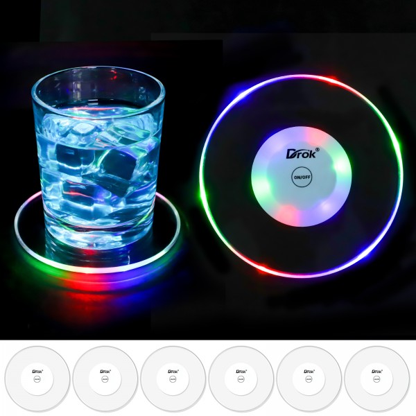 DROK 6PCS LED Light Up Drink Mats for Bottles, Flashing Coasters Perfect for Party, Wedding, and Bar Decor DROK 6PCS LED Light Up Drink Mats for Bottles, Flashing Coasters Perfect for Party, Wedding, and Bar Decor