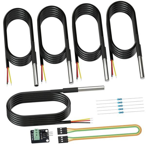 DROK 5 Pack Waterproof DS18B20 Temperature Sensor Probes with a Probe Adapter Board and 4.7K ohm Resistors